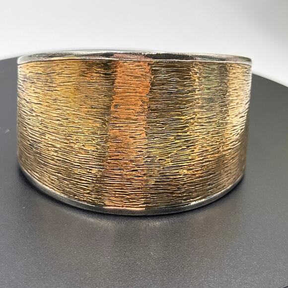 Designer Signed Two Tone Sterling Silver 925 Textured Wide Cuff Bracelet - Picture 3 of 10